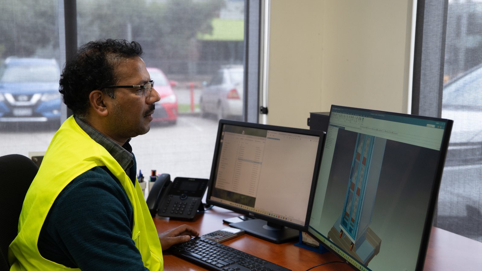 Engineer working across dual monitors on a fabrication design